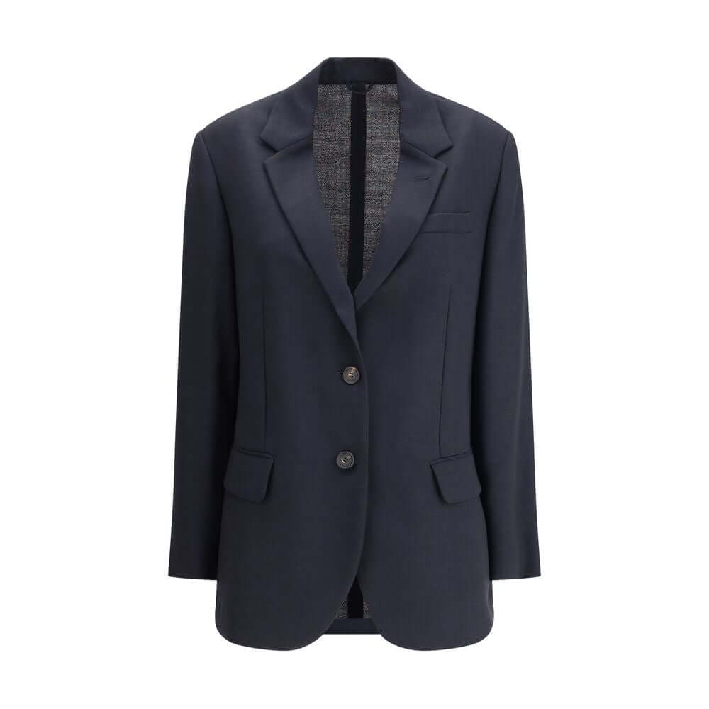 Brunello Cucinelli Blue Fleece Wool Blazer with classic lapels and two-button closure, perfect for a refined and timeless look.