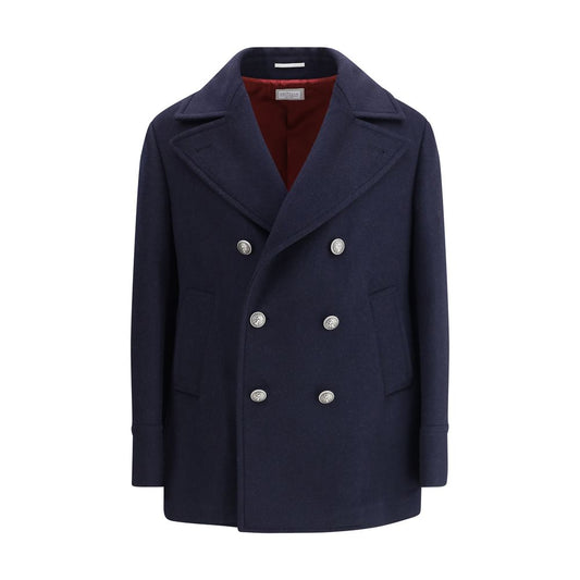 Brunello Cucinelli Blue Wool Coat with metal button closure and classic lapel collar, showcasing elegant design and functional features.
