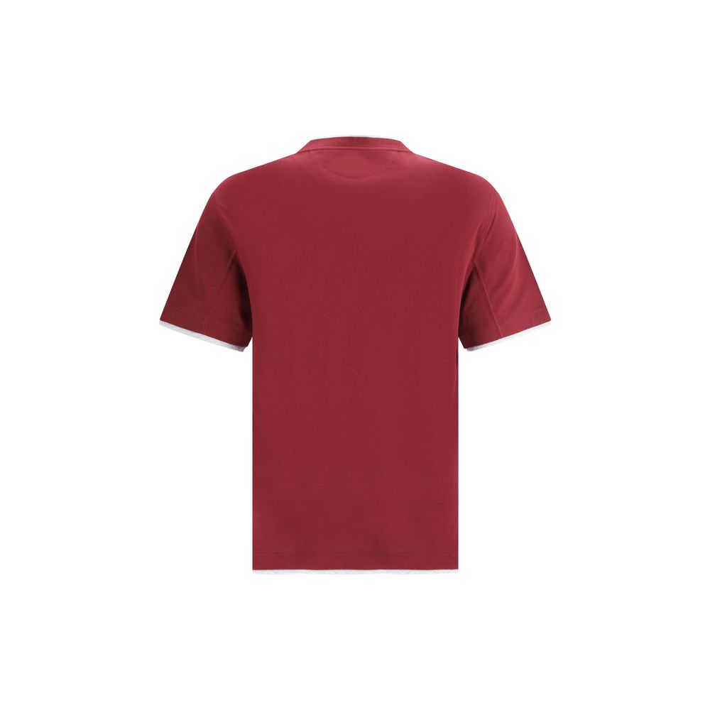 Back view of Brunello Cucinelli Bordeaux Cotton T-Shirt with elegant monochrome pattern and double-layer hems.