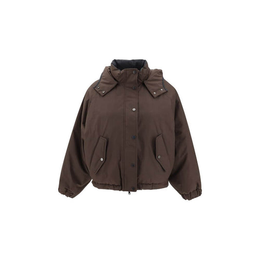 Brunello Cucinelli Brown Polyester Coat with removable hood, featuring front zipper, button closure, and side welt pockets for versatile style.