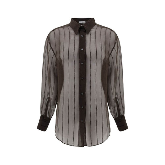 Brunello Cucinelli Brown Silk Blouse with sequins, semi-transparent design, classic collar, and button closure, perfect for sophistication.