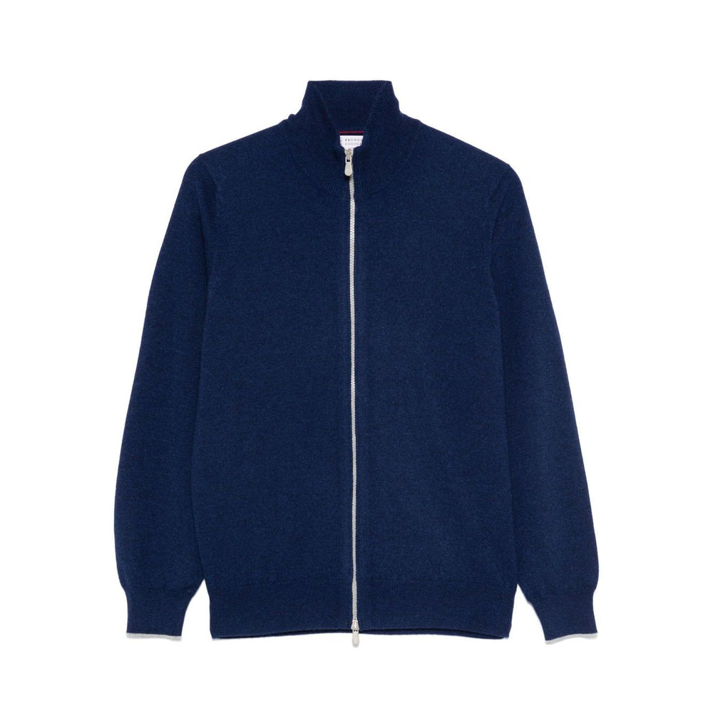 Brunello Cucinelli Cashmere zip-up sweatshirt in blue with front zip fastening, long sleeves, ribbed cuffs, and straight hem.