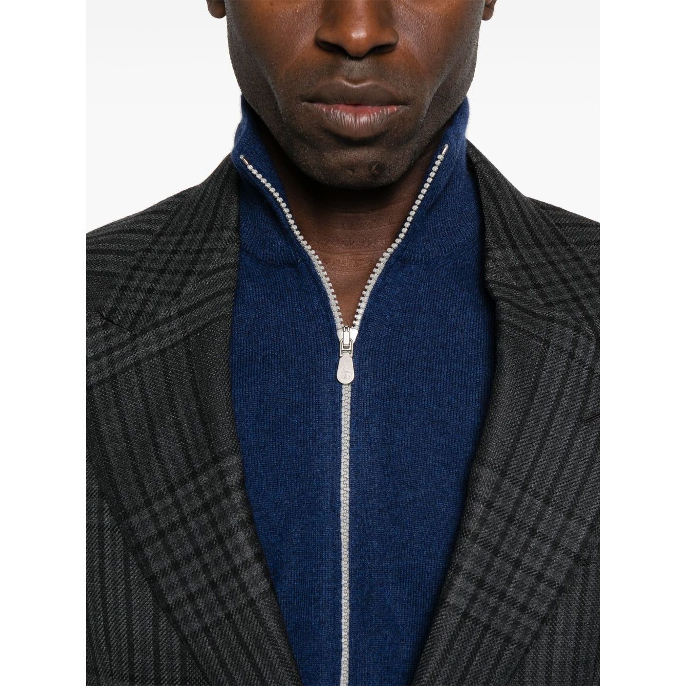 Brunello Cucinelli Cashmere zip-up sweatshirt in blue with front zip fastening, long sleeves, ribbed cuffs, and hem.