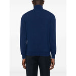Rear view of a blue Brunello Cucinelli Cashmere zip-up sweatshirt showing ribbed cuffs and hem.