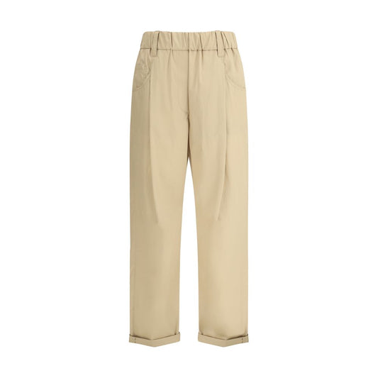 Alt Tag: Brunello Cucinelli Cotton Elasticated Pants with elastic waist and belt loops, featuring side and back pockets, in beige color.