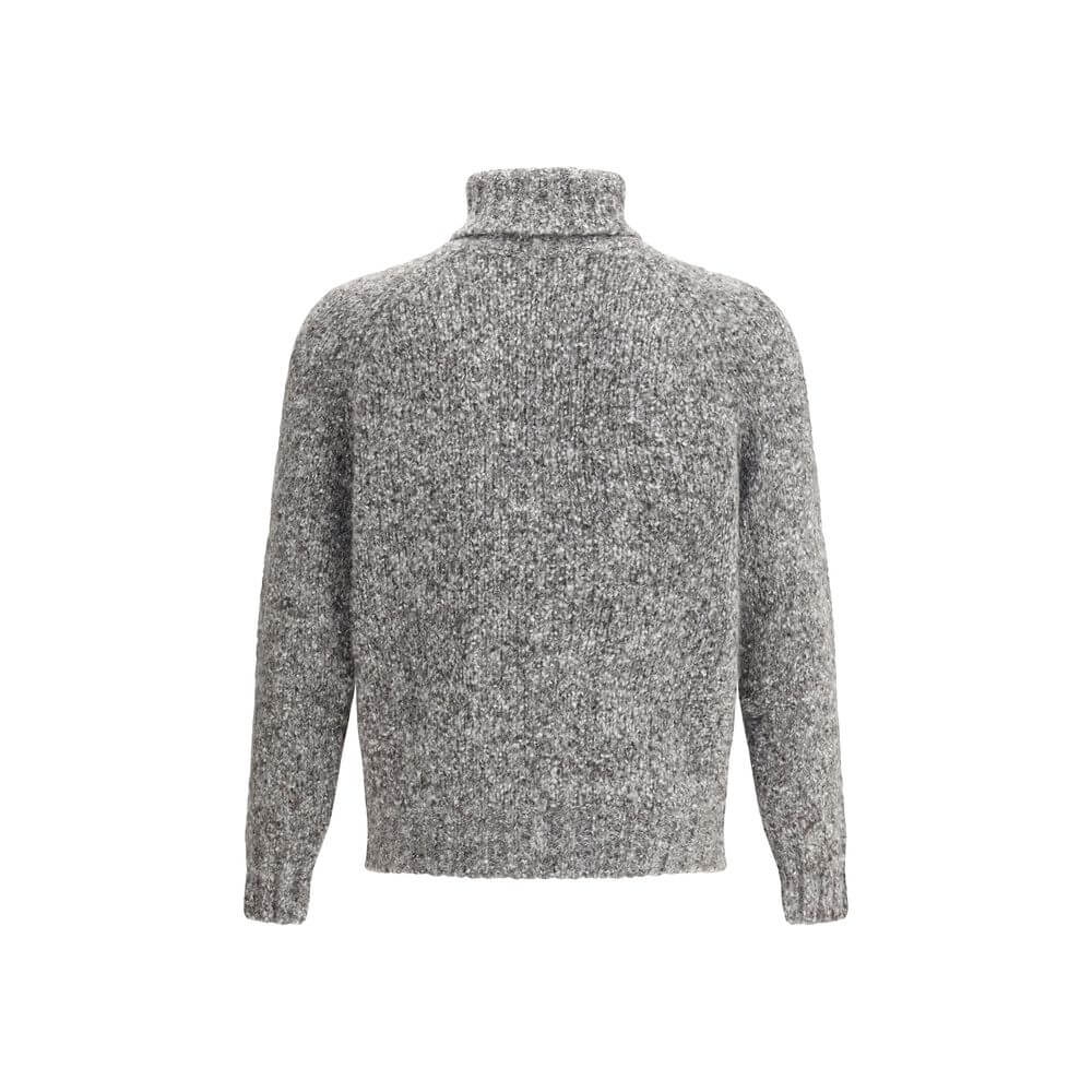 Back view of Brunello Cucinelli Gray Alpaca Vicugna Pacos Turtleneck Sweater with ribbed trims and soft plain knit texture.