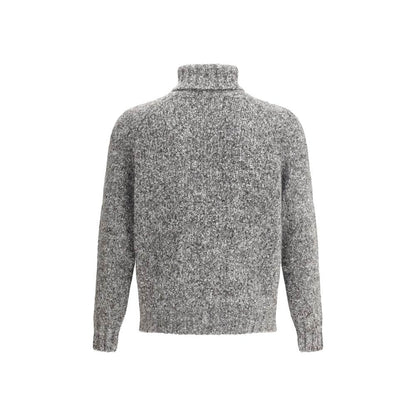 Back view of Brunello Cucinelli Gray Alpaca Vicugna Pacos Turtleneck Sweater with ribbed trims and soft plain knit texture.