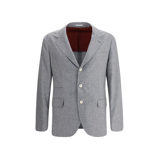 Brunello Cucinelli Gray Cashmere Clothing blazer with three buttons and traditional lapels, showcasing elegance and style.