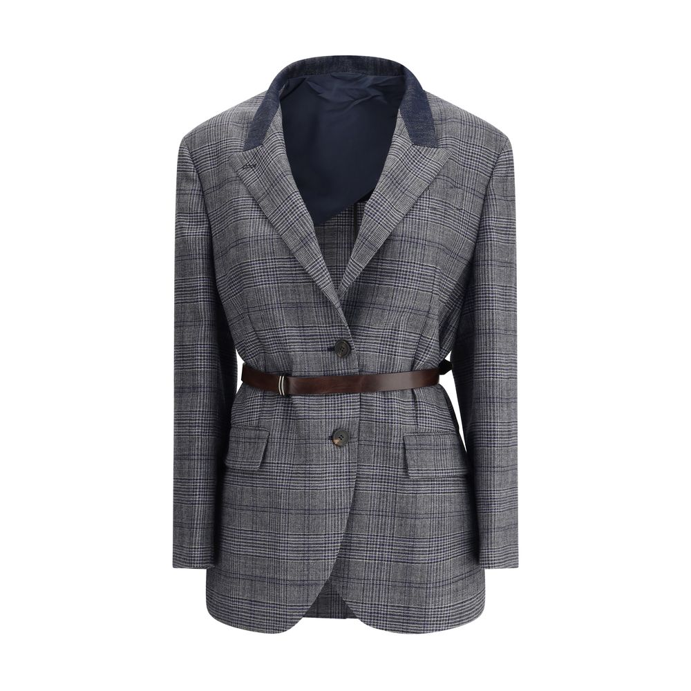 Brunello Cucinelli Gray Fleece Wool Blazer with Prince of Wales pattern and denim detail on collar.