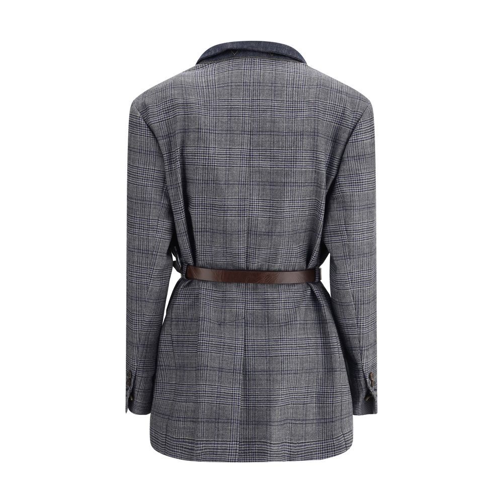 Back view of Brunello Cucinelli Gray Fleece Wool Blazer with Prince of Wales pattern and belt detail.