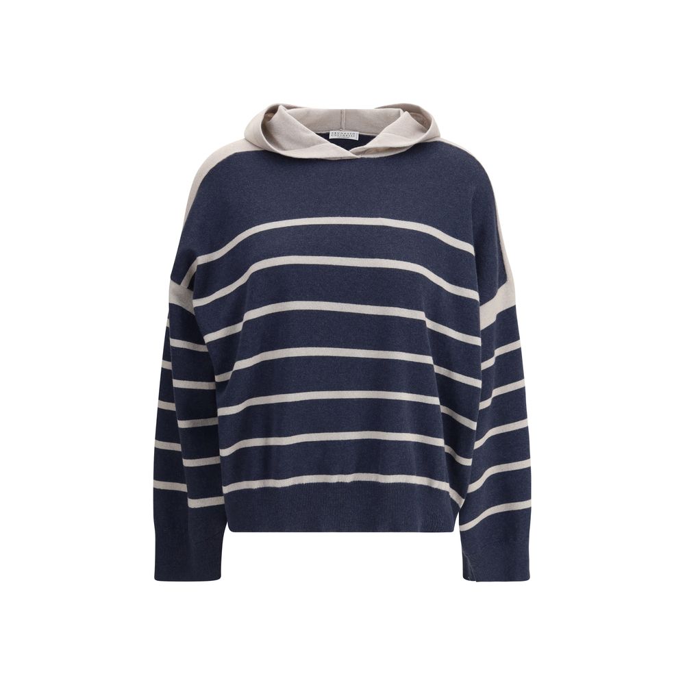 Brunello Cucinelli Hooded Sweater in striped cashmere with ribbed hems, offering luxury comfort and style for cooler days, made in Italy.