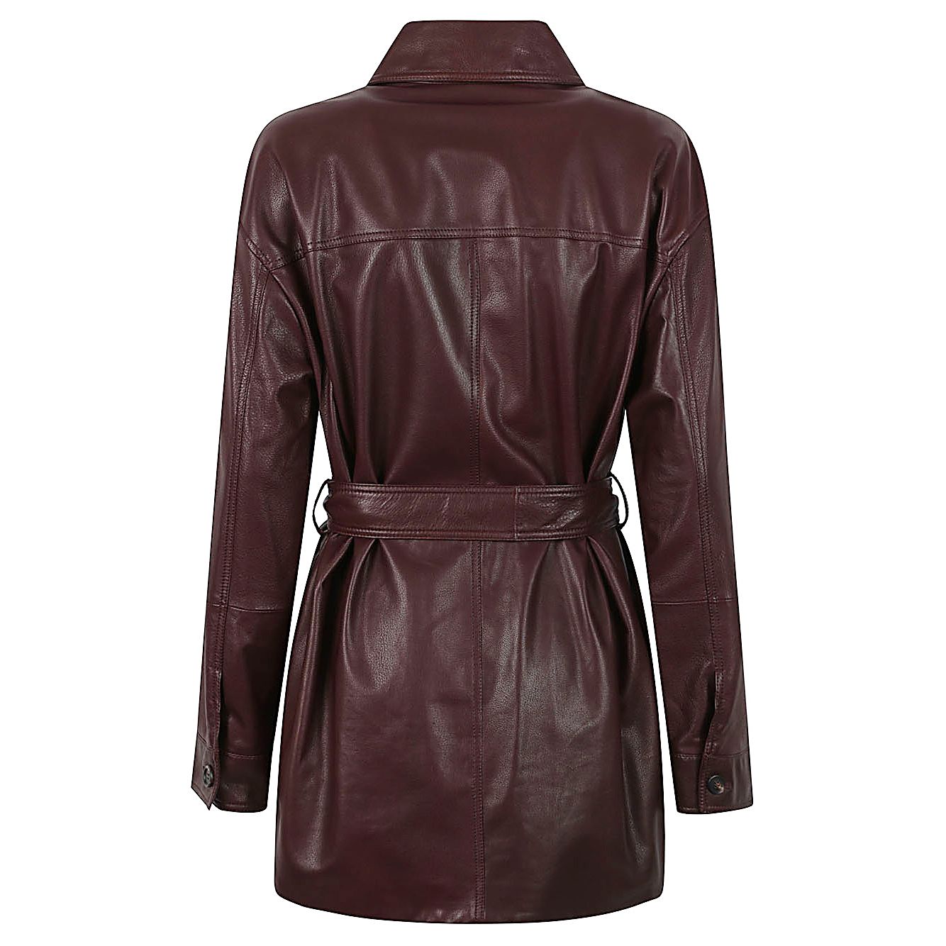 Brunello Cucinelli Jackets Bordeaux - back view of long sleeve leather jacket with pointed collar, button fastening, and waist belt.