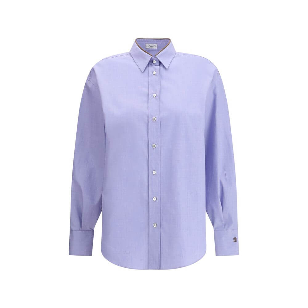 Brunello Cucinelli Light Blue Cotton Dress Shirt with classic collar and front button closure, showcasing asymmetrical hem for modern style.