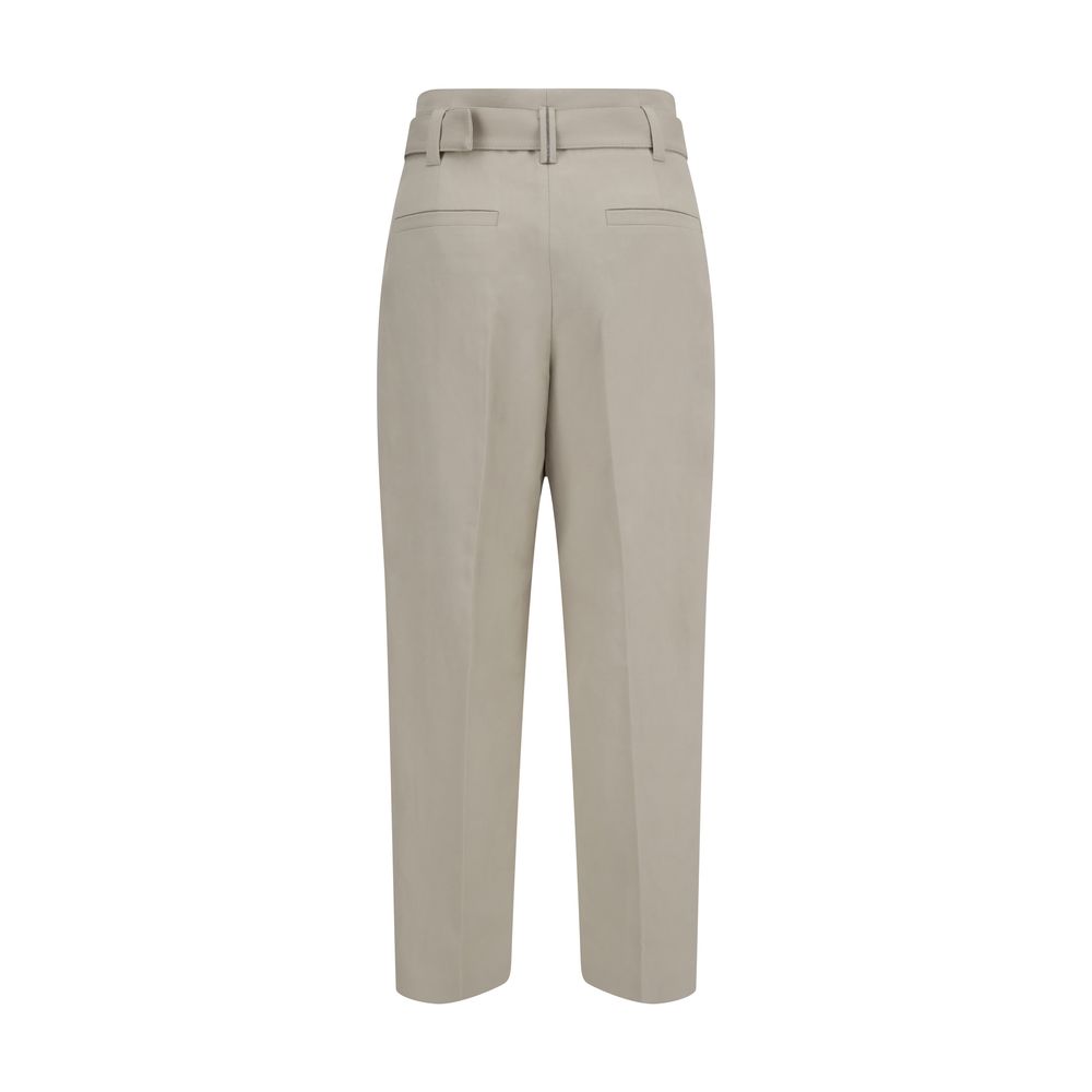 Back view of Brunello Cucinelli Linen Pants with buckle-adjustable belt and back pockets, showcasing modern refined silhouette.