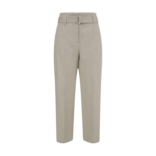 Brunello Cucinelli Linen Pants with buckle belt, front zipper, hook-and-eye closure, and welt pockets for a modern silhouette.