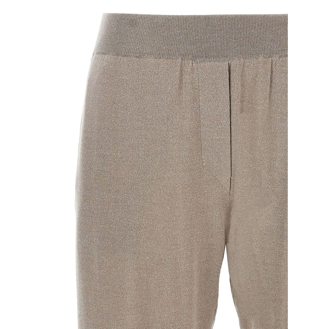 Brunello Cucinelli Lurex-detail trousers with taupe grey color, elasticised waistband, and cuffed hems in wool and silk blend.