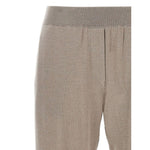 Brunello Cucinelli Lurex-detail trousers with taupe grey color, elasticised waistband, and cuffed hems in wool and silk blend.