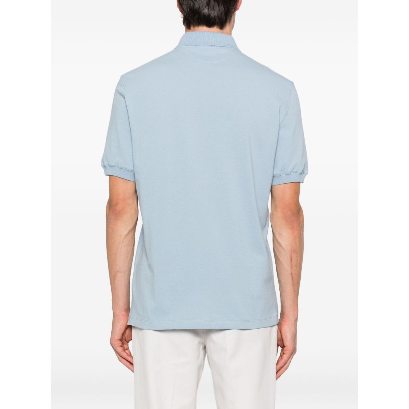 Back view of light blue Brunello Cucinelli Polo shirt with embroidery, featuring short sleeves and button placket.