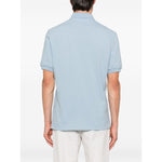 Back view of light blue Brunello Cucinelli Polo shirt with embroidery, featuring short sleeves and button placket.