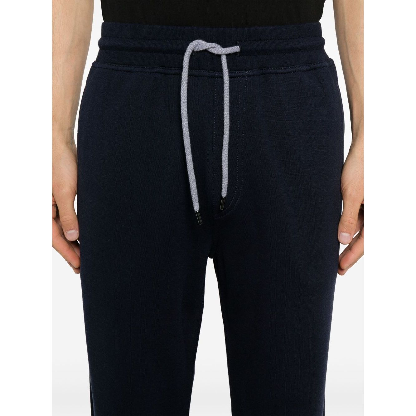Brunello Cucinelli Trousers Blue, navy cotton blend sweatpants with elasticated waistband and drawstring, tapered leg design.