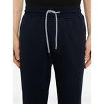 Brunello Cucinelli Trousers Blue, navy cotton blend sweatpants with elasticated waistband and drawstring, tapered leg design.