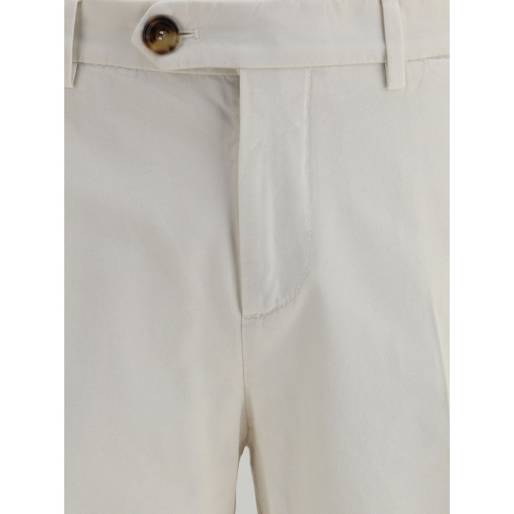 Brunello Cucinelli White Cotton Casual Pants with front button and zipper closure, showcasing elegance and versatile style.
