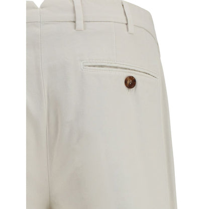 Brunello Cucinelli White Cotton Casual Pants close-up of back pocket with button detail and tailoring craftsmanship.