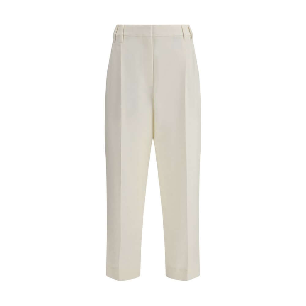 Brunello Cucinelli White Cotton Chino Pants with cropped ankle and straight leg design, featuring tailored front pleats, AW25 collection.