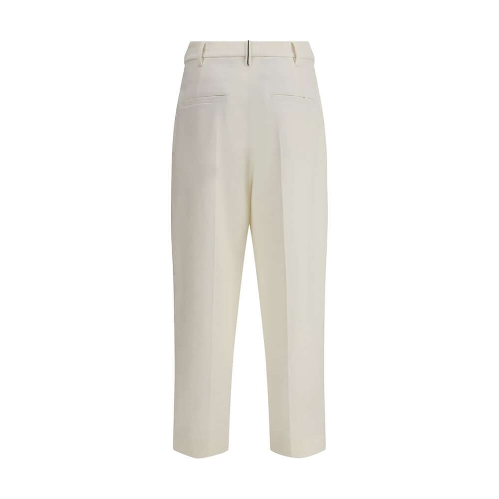 Brunello Cucinelli White Cotton Chino Pants with cropped ankle length and straight leg, featuring front pleats for a modern look.