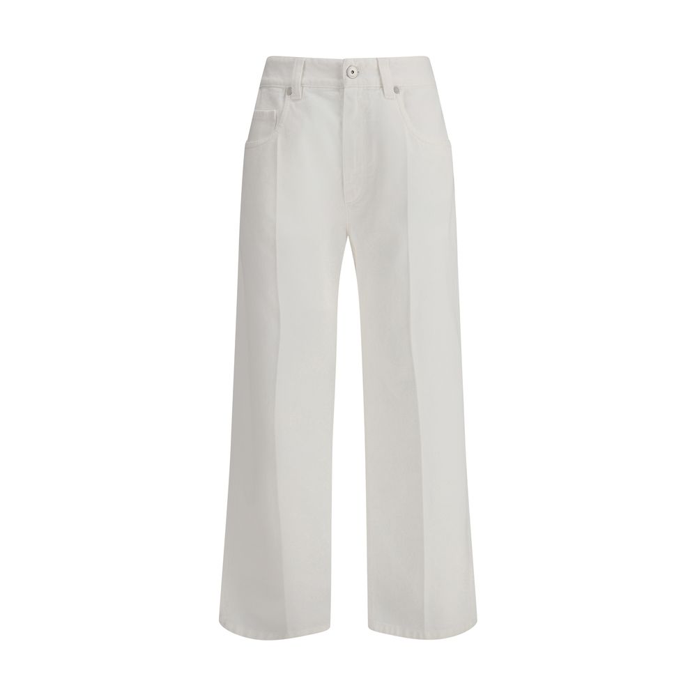 Brunello Cucinelli White Cotton Straight-Leg Jeans with five-pocket design and leather patch.