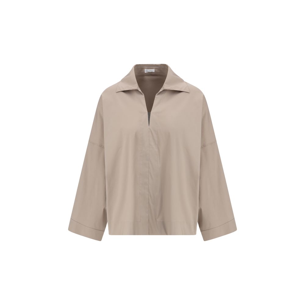 Brunello Cucinelli Wide Shirt with V-neck and jeweled embellishment, classic collar, and wide sleeves in beige, SS25 collection.