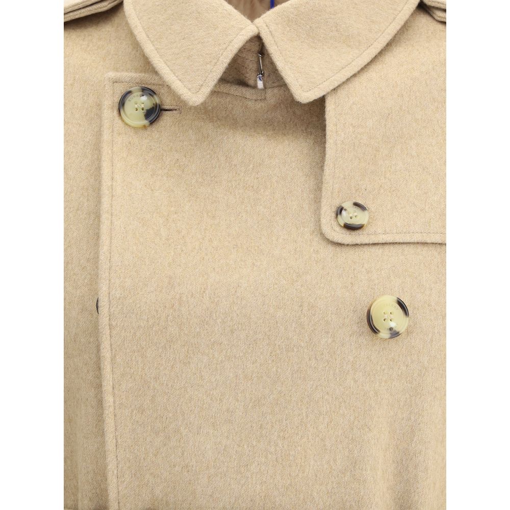 Close-up of double-breasted Burberry Beige Cashmere Coat with buttons and collar detailing.