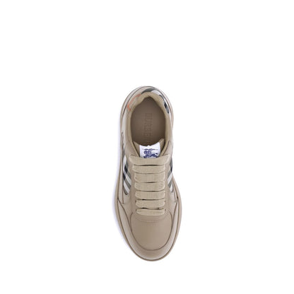 Top view of Burberry Beige Rubber Low Top Sneakers with signature Check pattern and Equestrian Knight label.