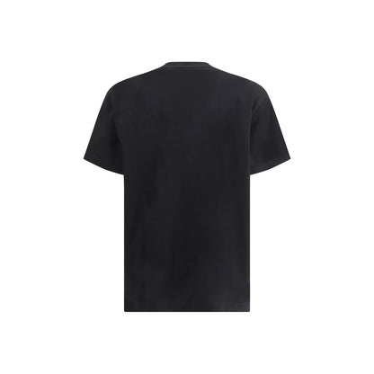 Back view of a Burberry Black Cotton T-Shirt with all-over monochrome pattern and ribbed crew neck.