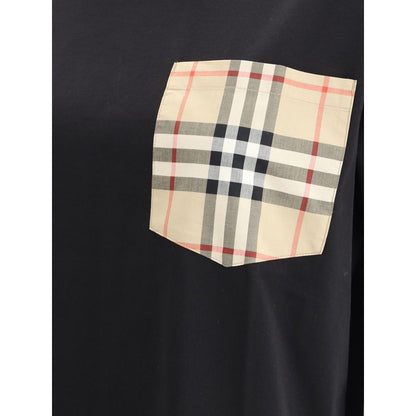 Burberry Black Cotton T-Shirt with Archive Check pocket and monochrome pattern, ribbed crew neck, 100% cotton, oversize fit, AW25 collection.