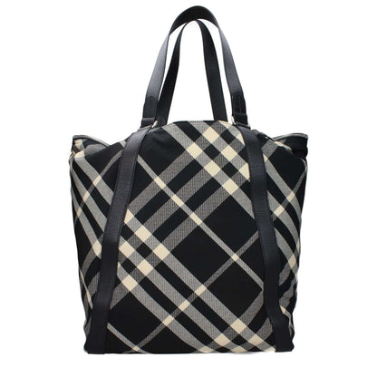 Burberry Black Fabric Shoulder Bag with check print, black and beige colors, casual style, maxi size with silver details.