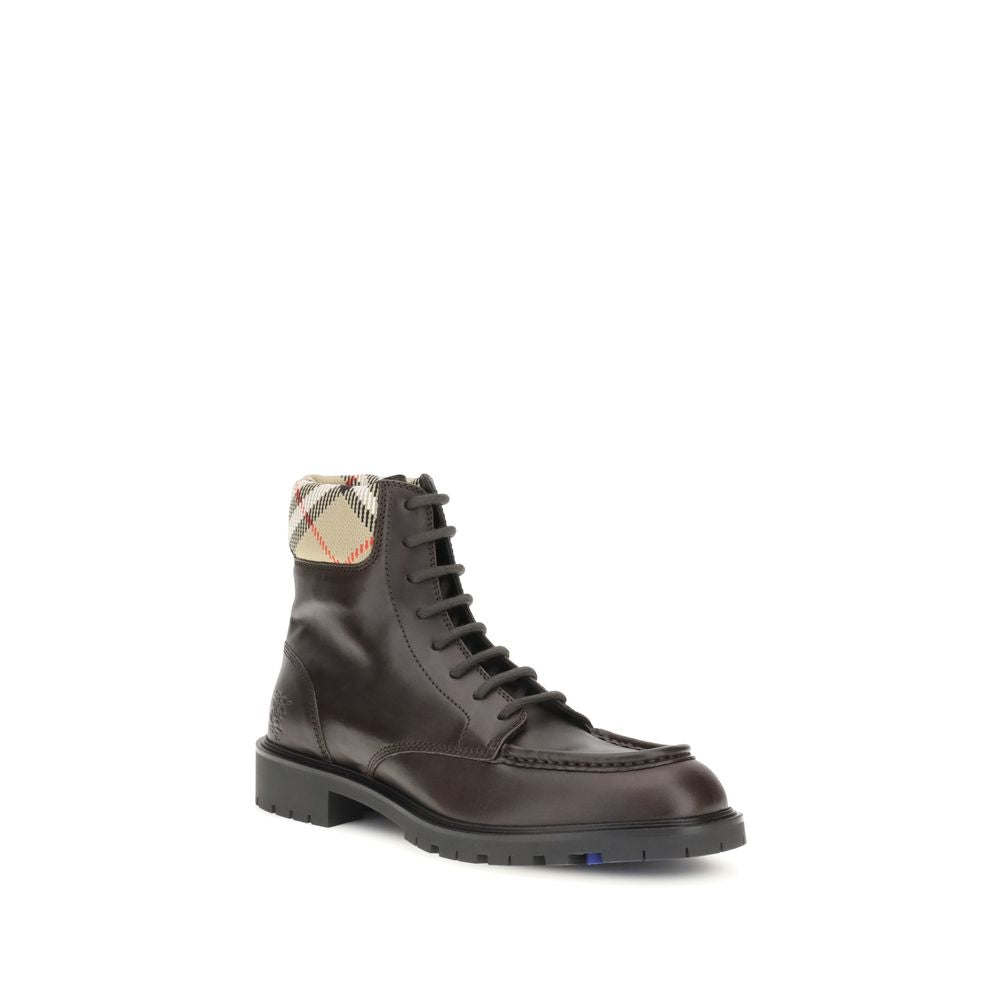 Burberry Brown Calf Leather Bos Taurus Lace-Up Boots with Burberry Check collar and embossed Equestrian Knight Design.