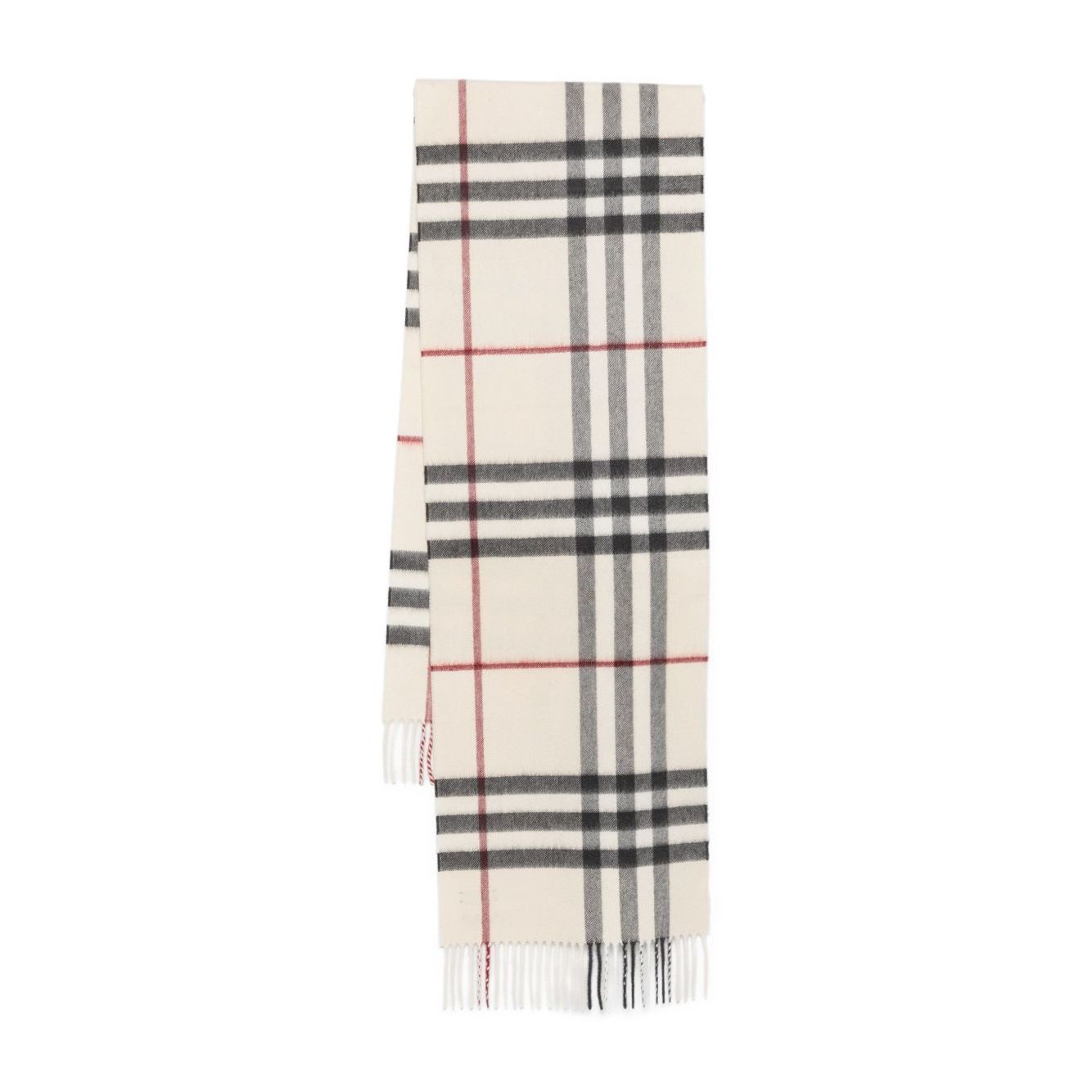 Burberry Check cashmere scarf with off-white check pattern and fringed edges.