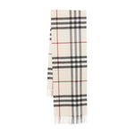 Burberry Check cashmere scarf with off-white check pattern and fringed edges.