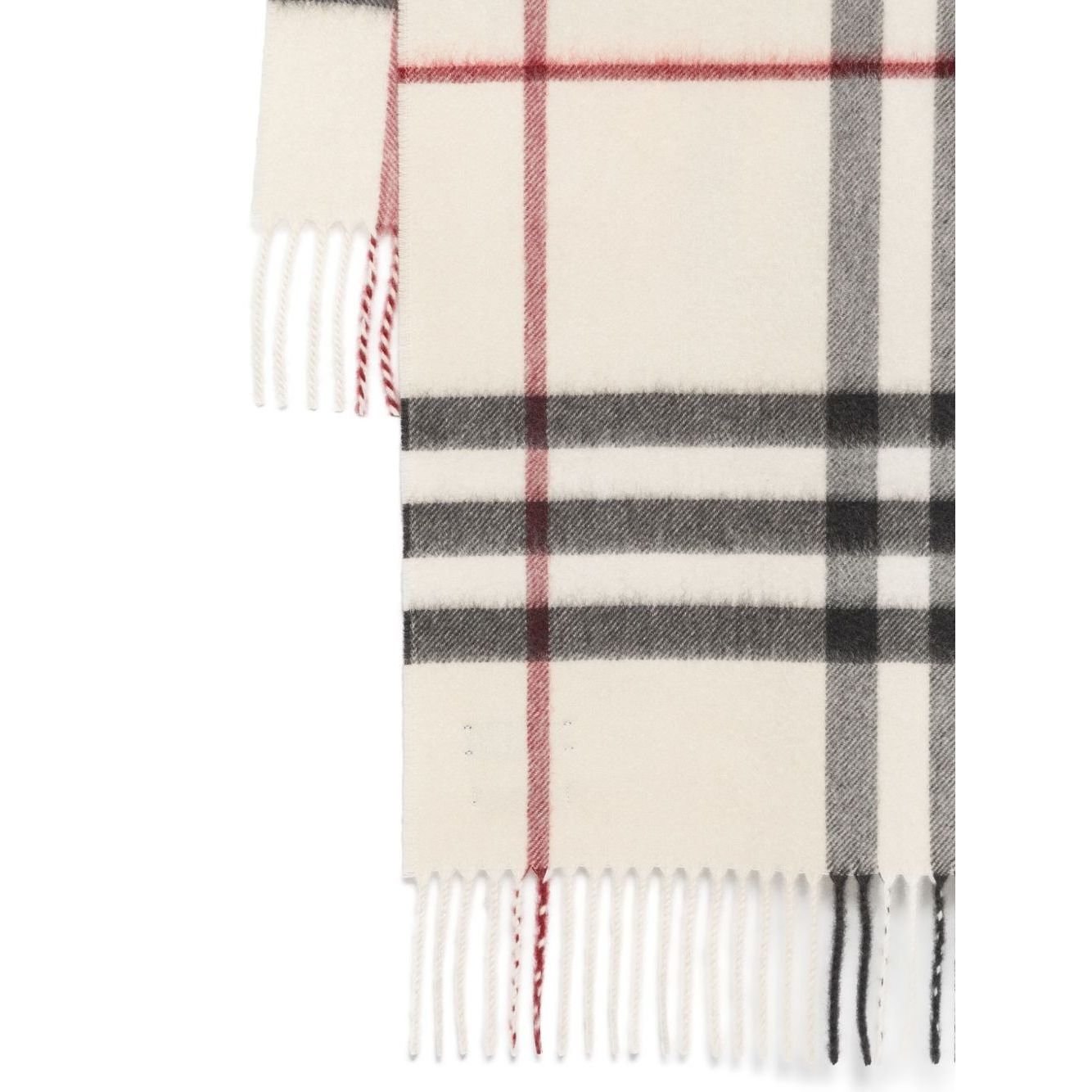 Burberry Check cashmere scarf with off-white check pattern and fringed edges.