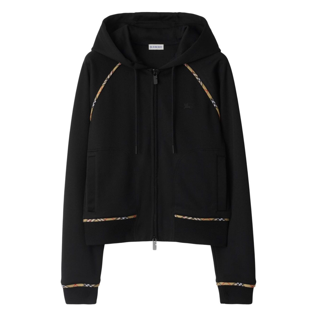 Burberry Cotton blend zip-up hoodie with check trim, featuring black design, two-way zip, side pockets, drawstring hood.