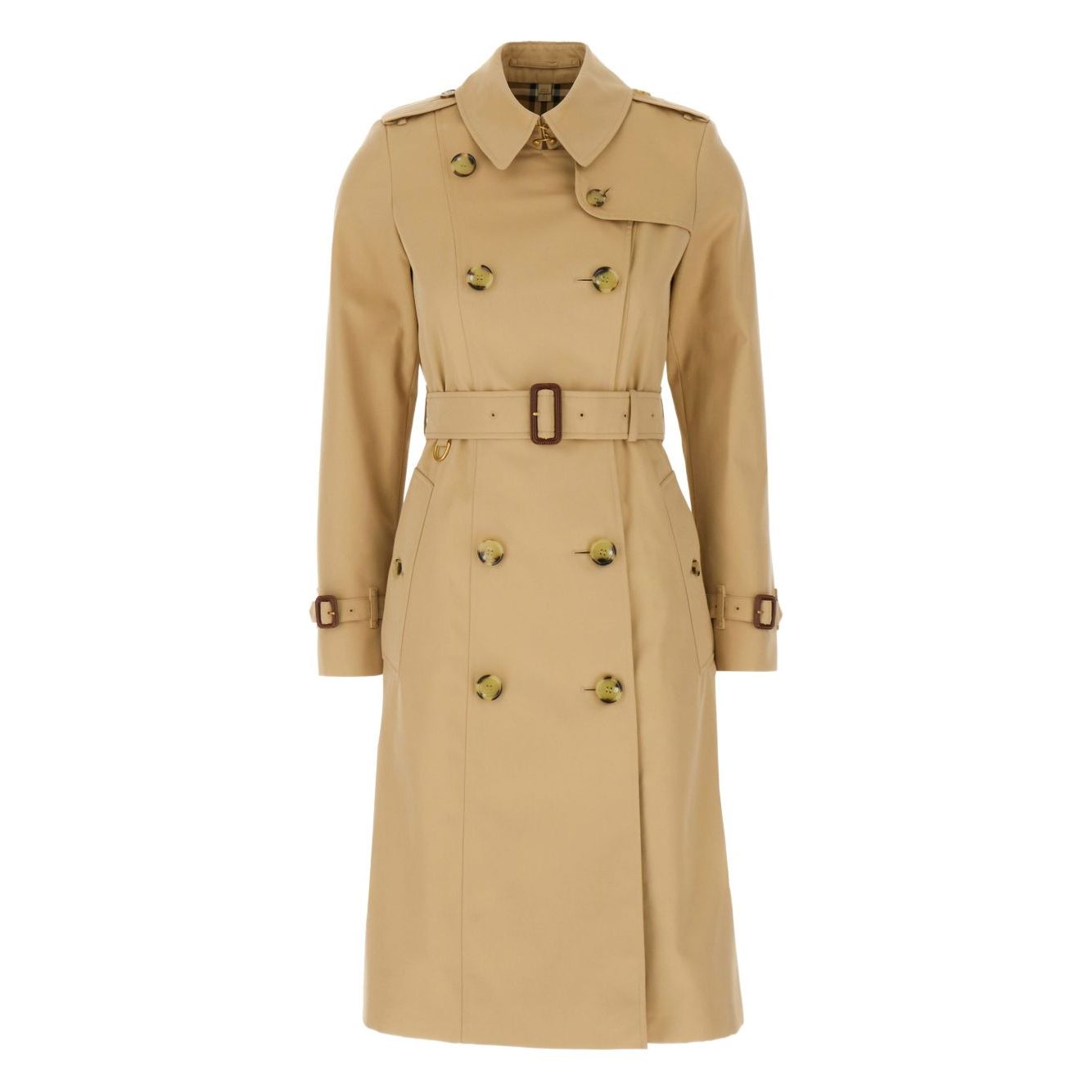 Burberry Double-breasted cotton trench coat in archive beige gabardine with classic collar and detachable waist belt.