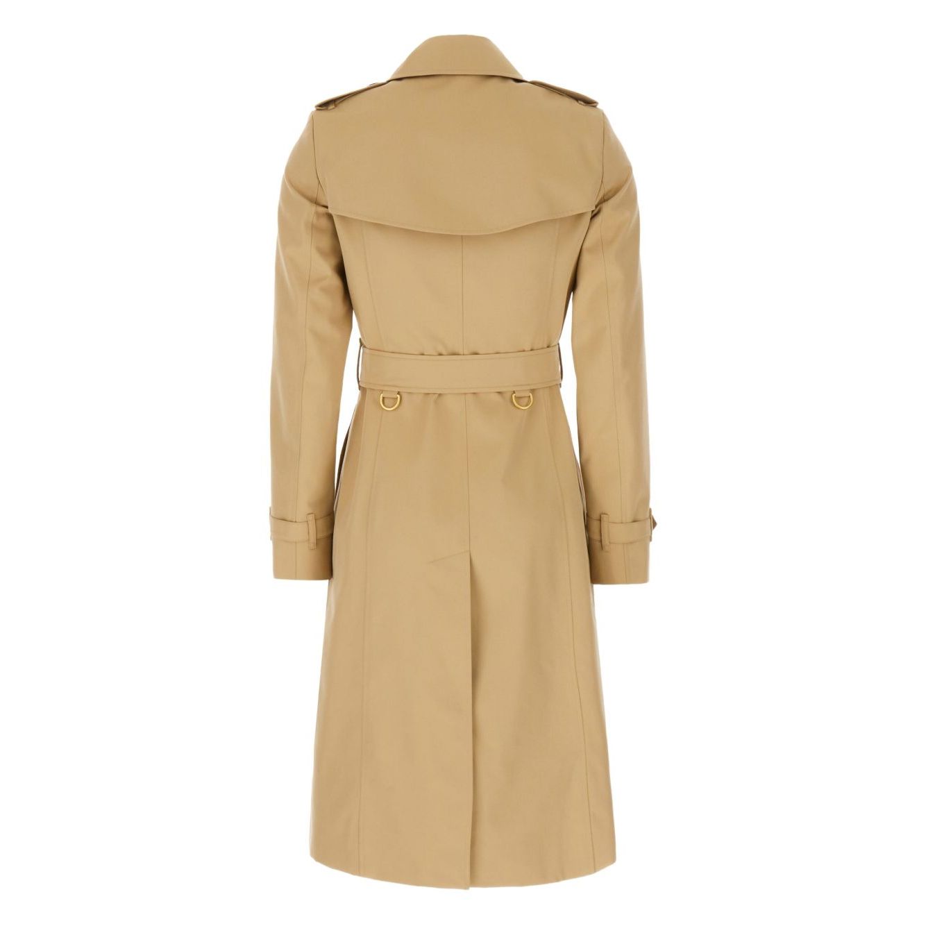 Back view of Burberry Double-breasted cotton trench coat in archive beige, featuring classic design and Vintage Check-pattern lining.