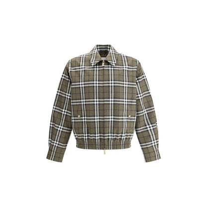 Burberry Green Wool Bomber featuring check pattern, double slider zipper, and elastic hem