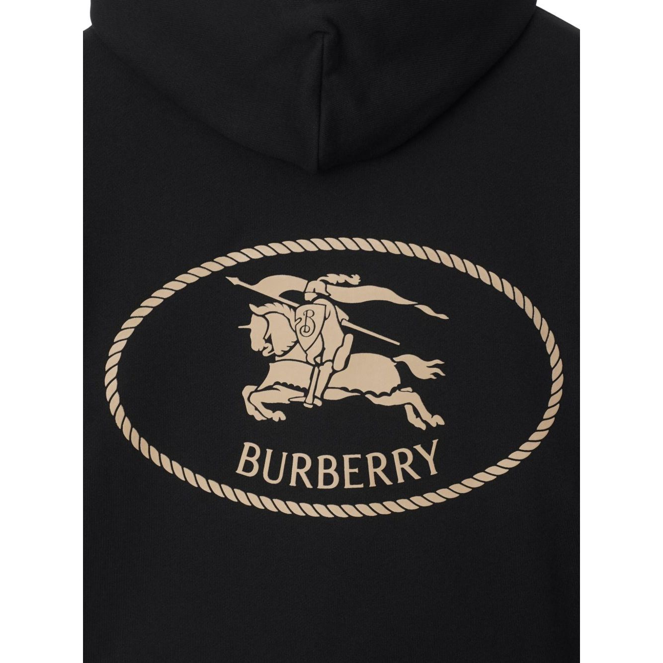Burberry Knight Stamp Cotton Hoodie with Equestrian Knight motif and EKD logo, black color with drawstring hood and pouch pocket.