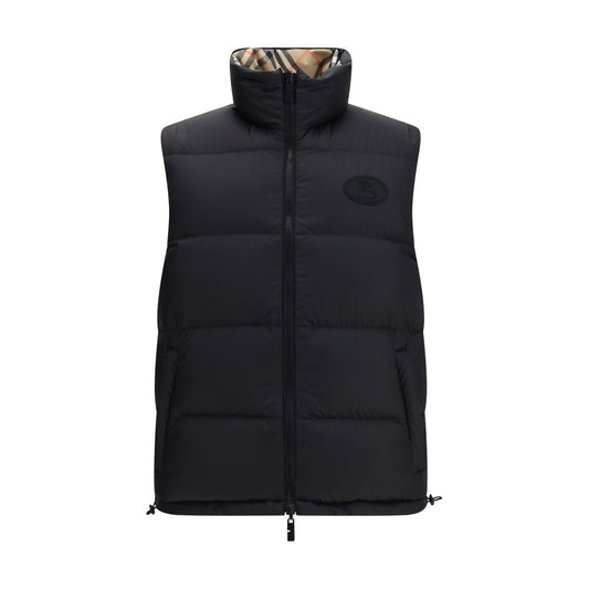 Burberry Reversible Puffer Gile black front view with signature Burberry Check lining, warm and versatile fashion piece.
