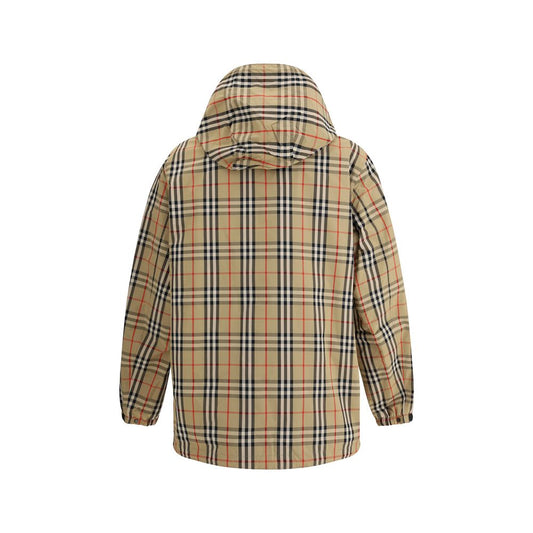 Rear view of Burberry Reversible waterproof Jacket showcasing classic check pattern and hood.