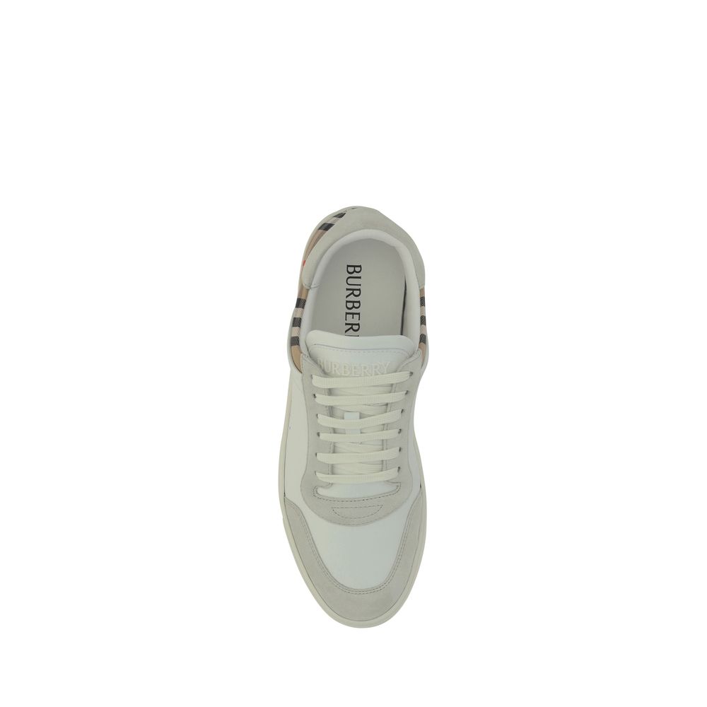 Top view of Burberry Stevie Sneakers featuring calfskin leather and iconic Check Archive pattern on the back, AW25 collection.