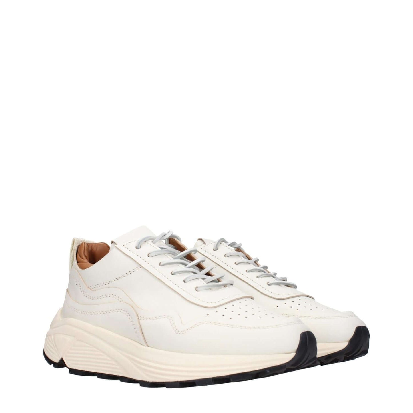 Buttero White Leather Low Top Sneakers with lace-up closure and rubber sole, featuring front and back logos and mid heel height.