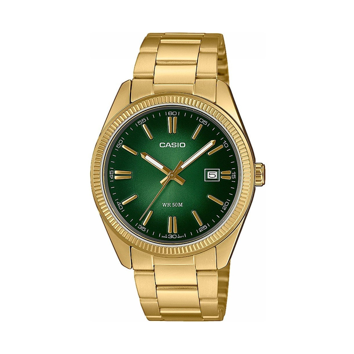 CASIO COLLECTION Mod. DATE, GOLD - GREEN wristwatch with water resistance, SS IP Gold case and strap, quartz movement for gents.